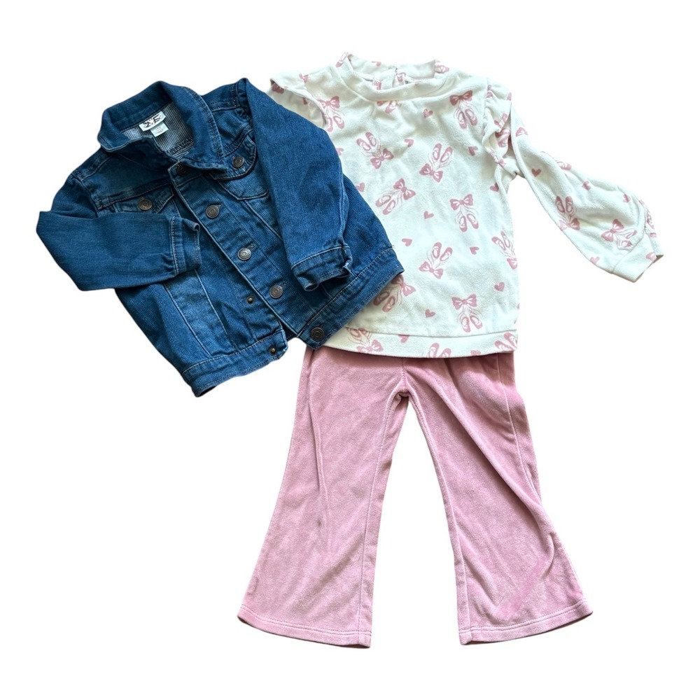 Little Lass Baby Girl 3Pc Set Denim Jacket Ballet Top Velour Flare Pants 18M